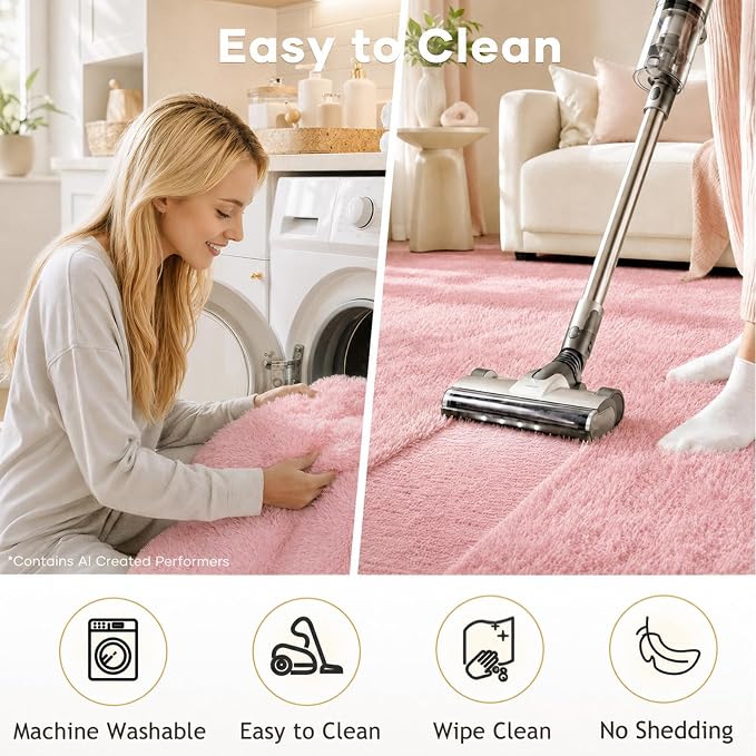 Ophanie 3x5 Pink Rug, Bedside Preppy Dorm Area Rug, College Essentials Non Slip Small Carpets for Bedroom, Anti Slip Fluffy Living Room Rugs Home Decor Aesthetic, Nursery with Over 99 pcs Pile fibers