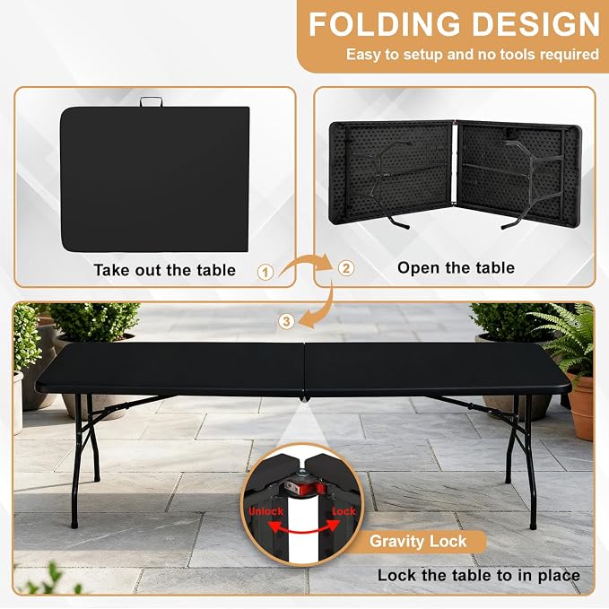 FDW 8FT Plastic Folding Table, Portable with Carrying Handle Perfect for Indoor, Outdoor, Party, Dining, Wedding, Events, Camping, Black