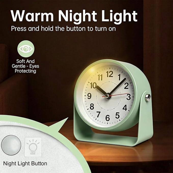 3.5" Analog Alarm Clock, Small Retro Desk Clock 360° Adjustable Angle | Silent Table Metal Clock with Night Light Snooze for Living Room Decor,Bedroom,Bedside,Shelf, Snooze Clock for Adults
