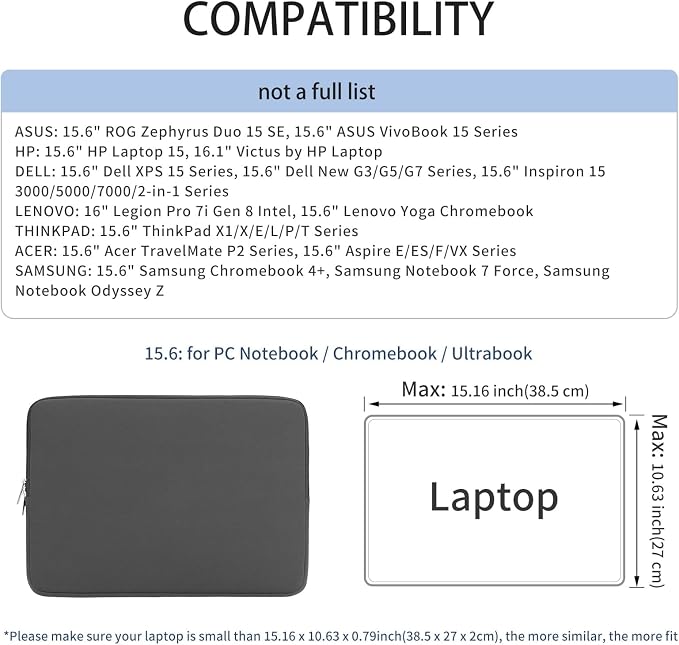 RAINYEAR 15.6 Inch Laptop Sleeve Protective Case Soft Carrying Zipper Bag Cover Compatible with 15.6" Notebook Computer Ultrabook Chromebook (Gray)