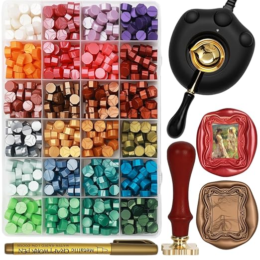 Frame Wax Stamp Kit, 624Pcs Sealing Stamp Beads Set with Electric Wax Seal Warmer, 3D Embossed Frames Relief Carve Stamps Waxing, Gold Pen,Tweezer (Set01)