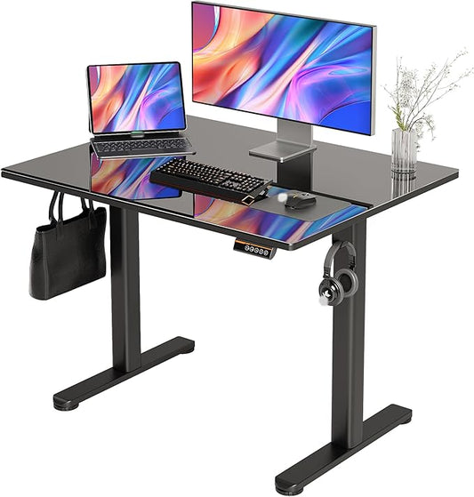 Claiks Glass Standing Desk, 40x24 Inch, Super Black | Adjustable Height, Tempered Glass Top, Stand Up, Quick Install, 3 Memory Presets