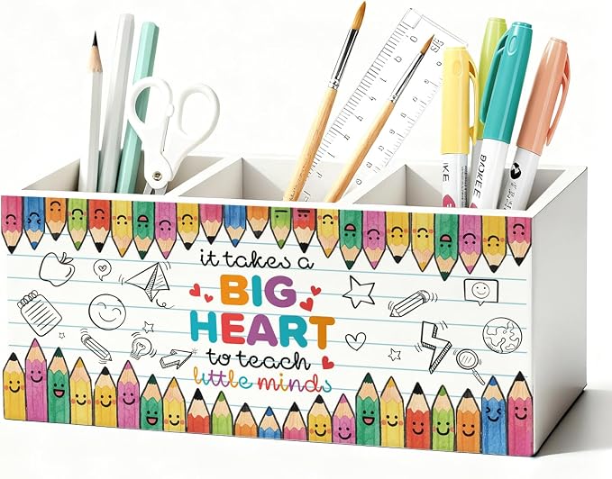 Teacher Pen Pencil Holder for Desk, Teacher Appreciation Gifts, It Takes a Big Heart to Help Shape Little Minds Wooden Box Sign Decorations for Office Classroom Desk Tabletop