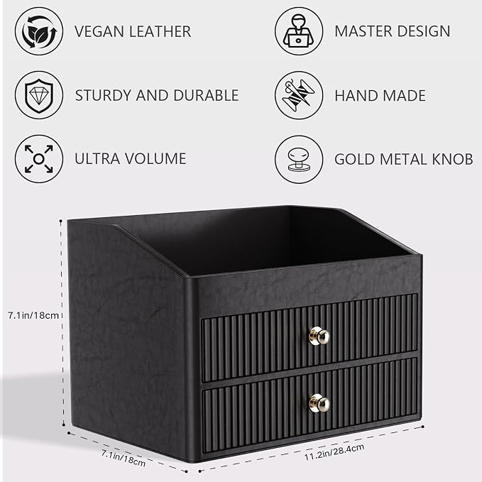 LADSTAG Office Supplies,Black Vegan Leather Office Organization with 2 Drawers & Tray,Glasses Holder with Gold-Tone Metal Accents Knob for End Tables,Bedside Table,Bedroom