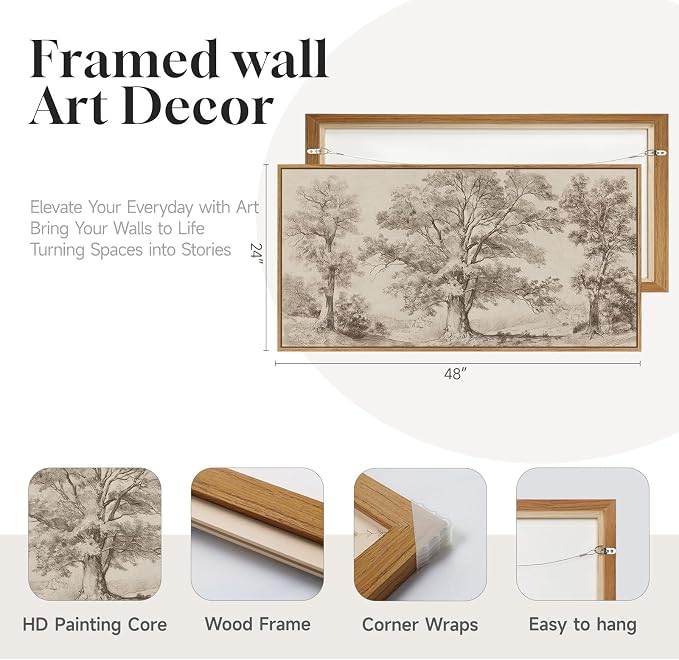 Framed Vintage Landscape Wall Art for Living Room, Large Horizontal Neutral Canvas Artwork for Walls, Tree Pictures Prints Paintings for Bedroom Dining Room Wall Decor, 24x48 Inch