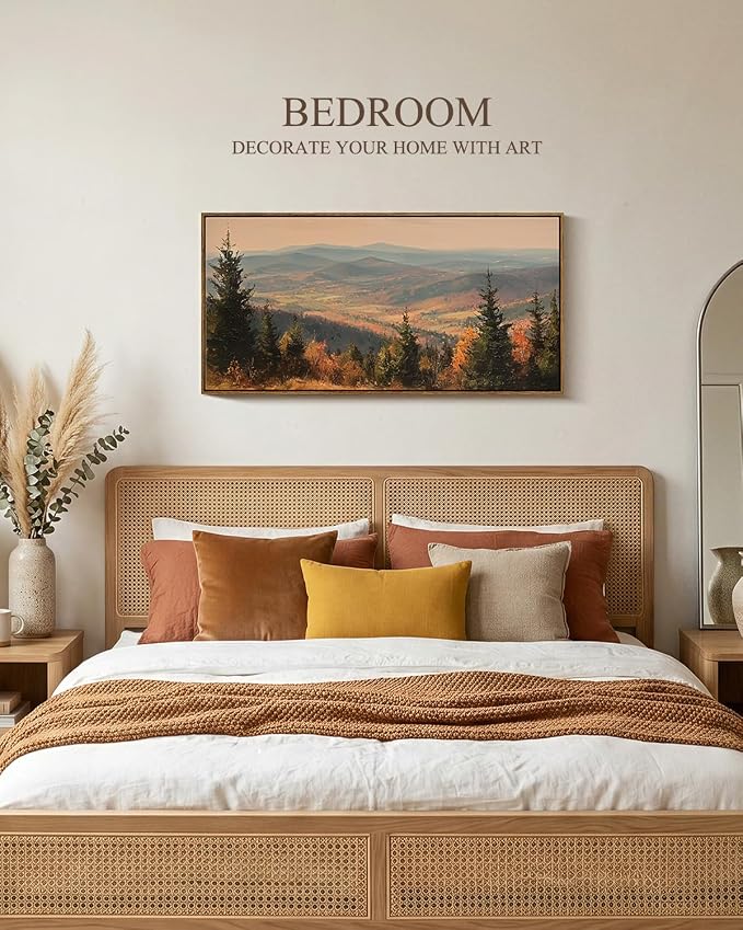 InSimSea Extra Large Framed Vintage Fall Wall Art, Living Room Farmhouse Decor, Autumn Mountains Forest Landscape Canvas Prints, Retro Long Pictures for Bedroom Above of Bed, 20x40inch