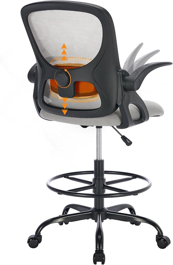 LukkDys Drafting Chair with Arms, Tall Office Chair for Standing Desks | Ergonomic lumbar pad, breathable mesh and foot ring support forward-leaning posture for sewing, crafts and daily studio work.