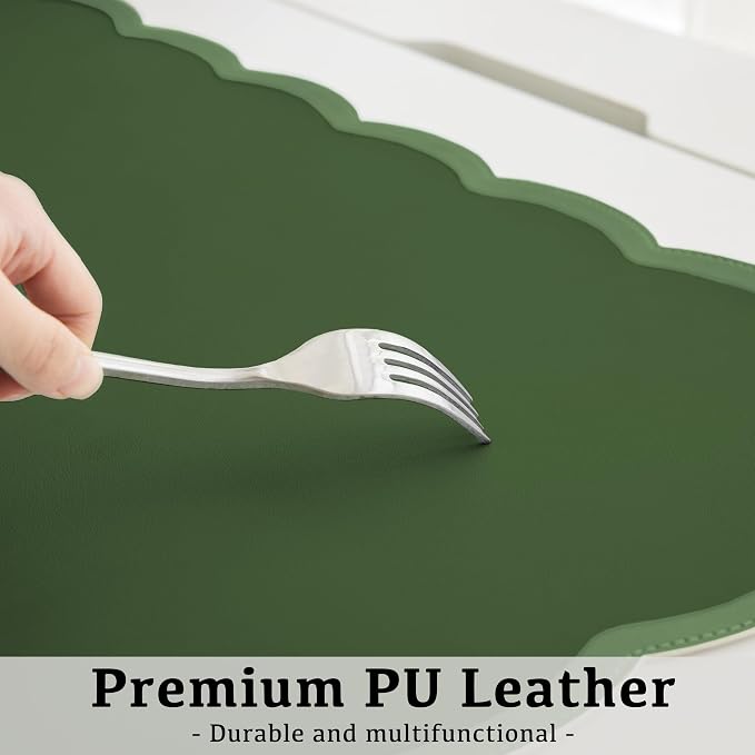 Scalloped Desk Mat, 31.5" x 15.7" Dark Forest Green Large Cute Aesthetic Desk Accessories, PU Leather Computer Laptop Desk Mouse Keyboard Pad, Desk Writing Mat for Vanity/Work/Home Decor