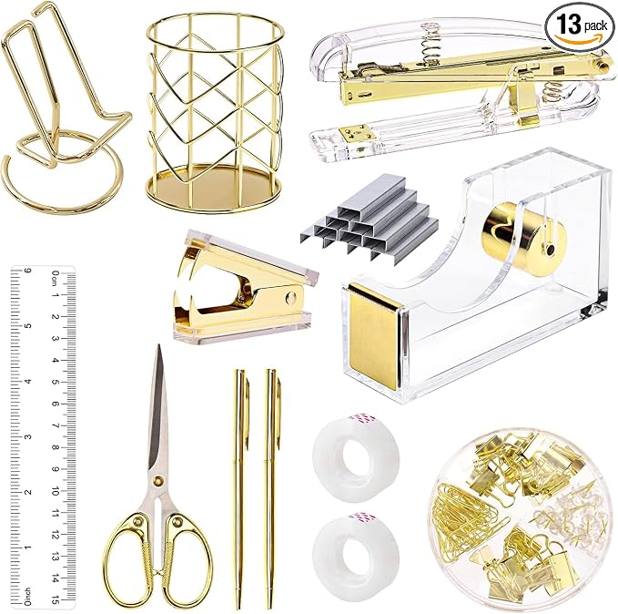 suniya Office Supplies,Gold Desk Accessories,with Stapler,Tape Dispenser,Pen Holder,Scissors,Phone Stand,Staple Remover,Ballpoint Pen,Clear Tape, Staples,Ruler,Clips,Best Gift for Business or Boss