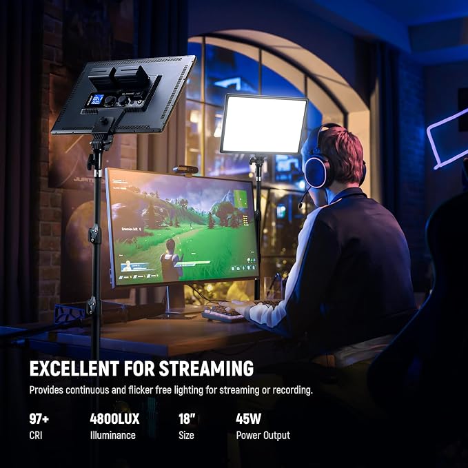 Neewer 18" Led Video Light Panel Key Lighting Kit with Remote, 2-Pack 45W Dimmable Bi Color + Tripod Stand, 3200K–5600K Soft Light CRI 97+ 4800Lux for Game Live Streaming Studio Photography Recording