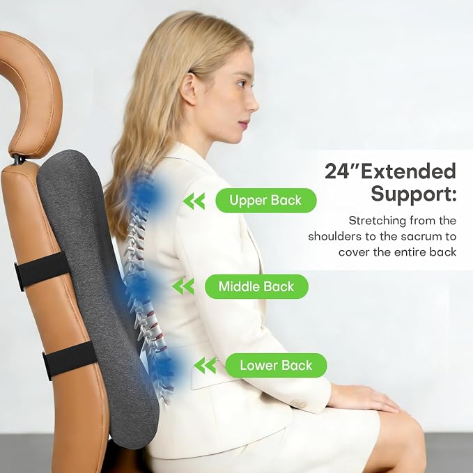 Back Support for Office Chair, 24" Full Back Memory Foam Cushion | No Forward Push Design • Lumbar & Back Pain Relief • Extended Upper Back & Neck Comfort • Dual Adjustable Straps