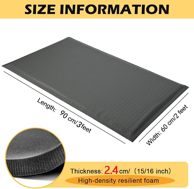 2 x 3 FT Anti Fatigue Mats Industrial 1 Inch Thick Soft Sponge Ergonomic Mat Durable Heavy Duty Diamond Plate for Standing Non Slip Industrial Grade Floor Mat for Leg & Back Pain (Gray)