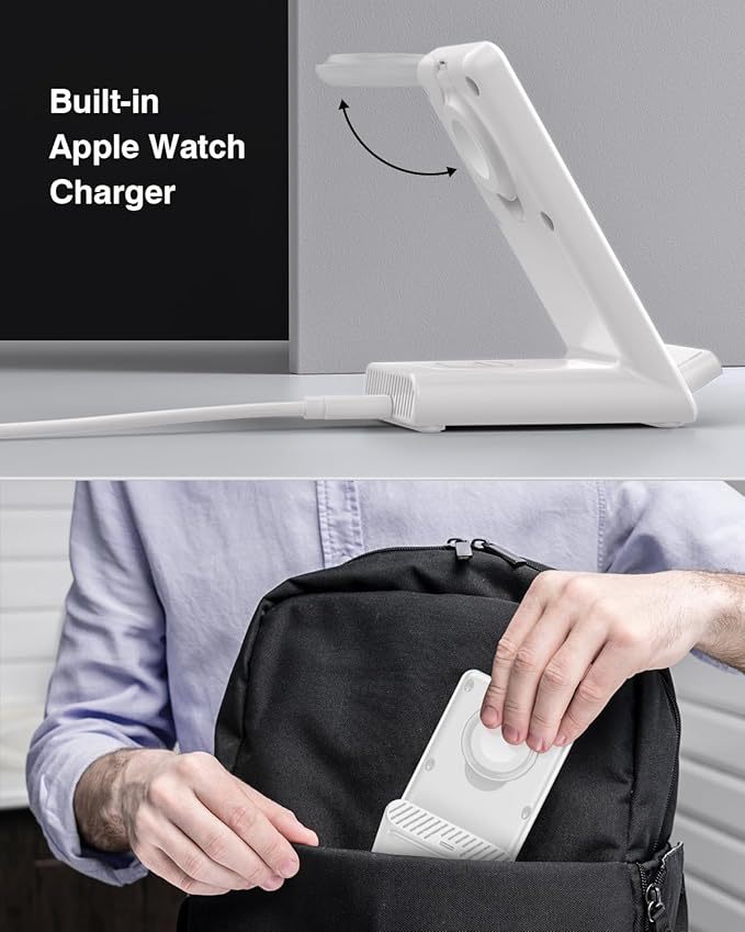 Wireless Charging Station,3 in 1 Charging Stand Made for Apple Watch Ultra 11 10 9 8 7 6 SE 5 4 3,Fast Wireless Charger Made for iPhone 17/Air/16/15/14/13/12,for AirPods Pro(with Adapter) (White)