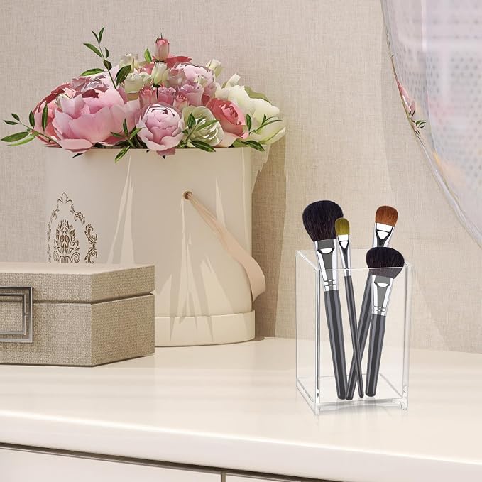 RETON 9 Pack Acrylic Pen Holder, Clear Pencil Organizer for Desk, Makeup Brush Storage, Small Desktop Bookmark Holders for Classroom, Home, Office Stationery (Square)
