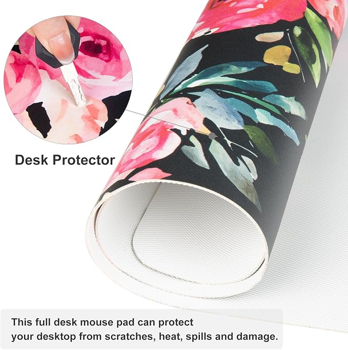 QiyI Large Mouse Pad, Floral Desk Mat for Desktop, Women Girls Watercolor Pink Flowers Office Décor Desk Accessories, PU Leather Waterproof Gaming Mousepad, Black Desk Pad Computer Mat, 31.5" x 15.7"