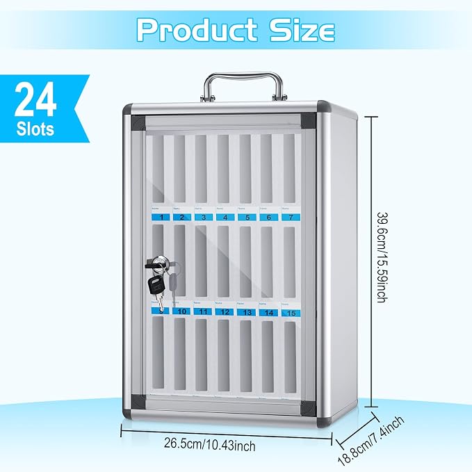 Amylove Cell Phone Locker Cabinet Aluminum Alloy Pocket Chart Storage Locker Box Cabinet Wall-Mounted Cell Phones Storage Box with Handle for Office Classroom Gym(White,24 Slots)