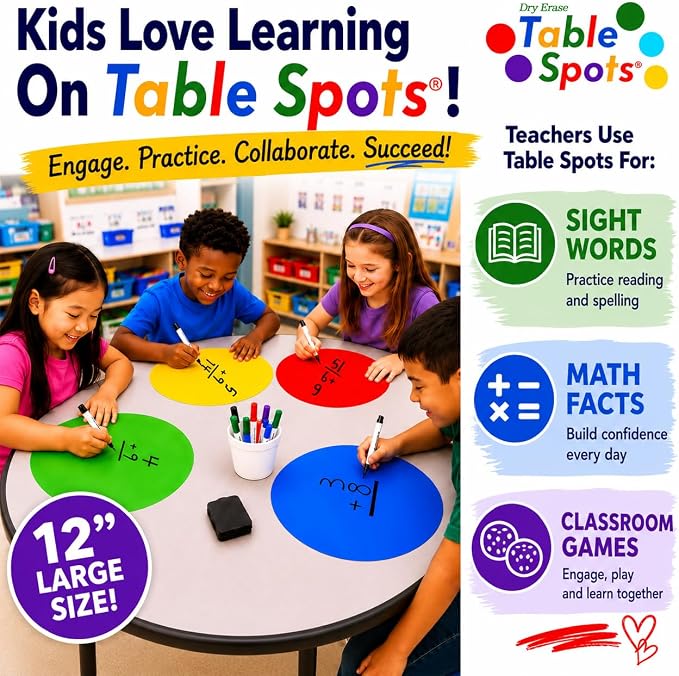 NEW Larger Size! | The Original Table Spots for Teachers | No Staining, No Shadowing, Complete Erase! Dry Erase, 10 Pack Multicolor Circles, Wall Stickers, Decals