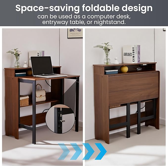 Fold Out Desk with Power Outlets, Small Foldable Table with Storage Shelf,Space-Saving Hidden Desk for Bedroom, Living Room & Office (Walnut)
