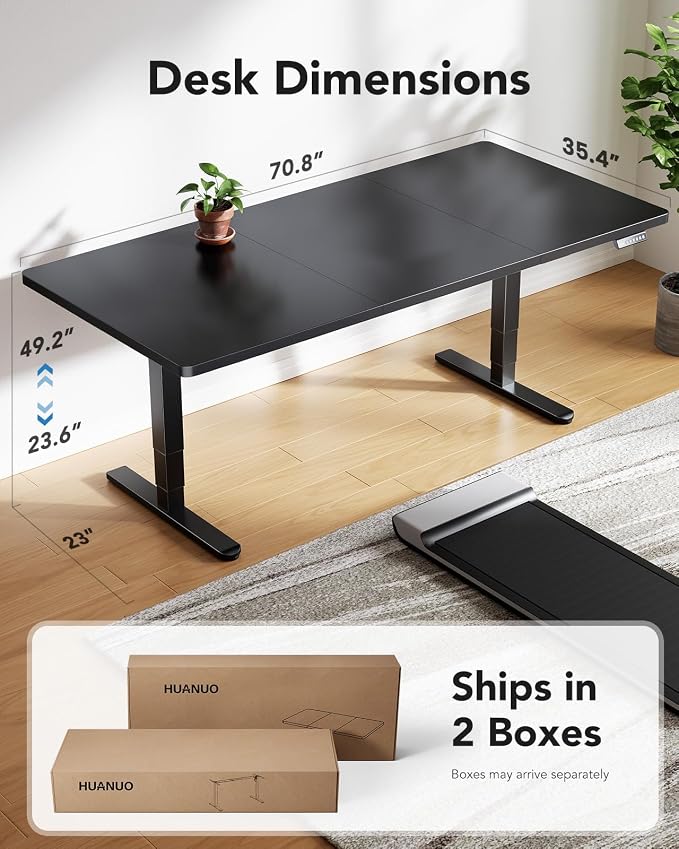 HUANUO 70x35 Inch 3-Stage Legs Electric Standing Desk, Large Height Adjustable Office Desk with Brushless Motor, Stand Up Desk with 4 Memory Presets & 2 Hooks, Computer Desk for Home Office, Black