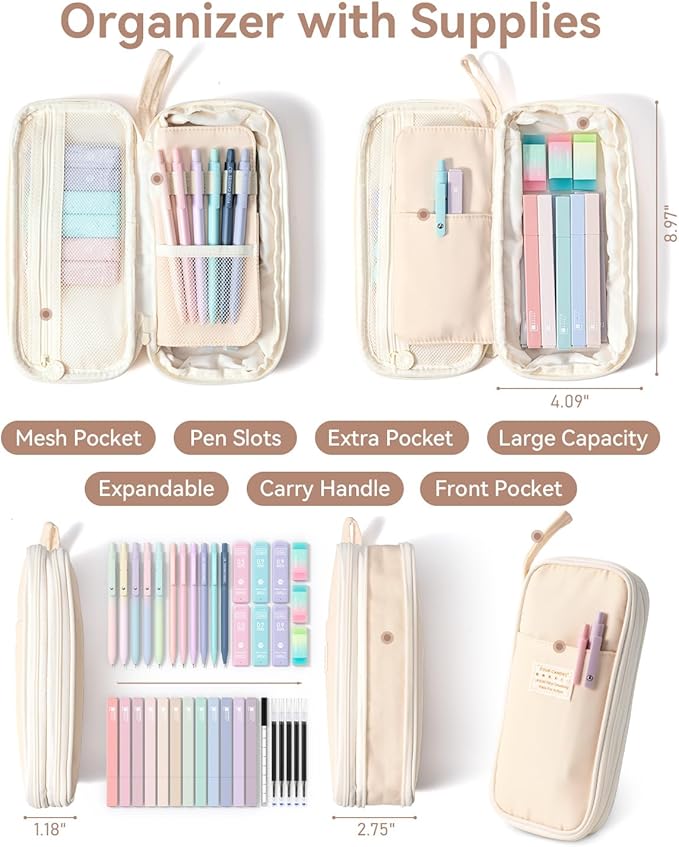 Four Candies 39 PCS Aesthetic School Supplies with Cute Pen Case, 12 Pastel Highlighters, 5 Black Ink Gel Pens, 6 Mechanical Pencils Set for Students Stationery College Essentials, Cream