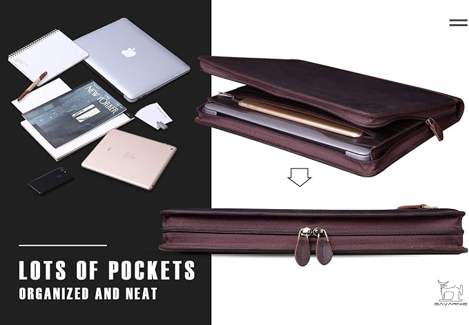 Genuine Leather Professioal Business Portfolio Padfolio Folder with Zipper for Men and Women,Work Portfolio for Letter Size Notepad, for Meeting and Travel, Dark Brown