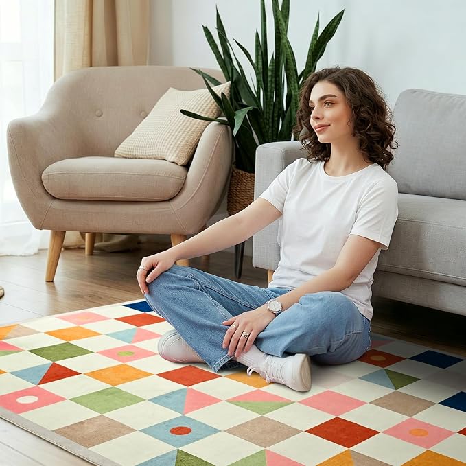 Terrug Multicolored Geometric Round Rug 5ft for Kids Room, Soft Non-Slip Washable Circle Play Mat for Nursery Bedroom Playroom, Bright Sunburst Area Rugs for Home Office