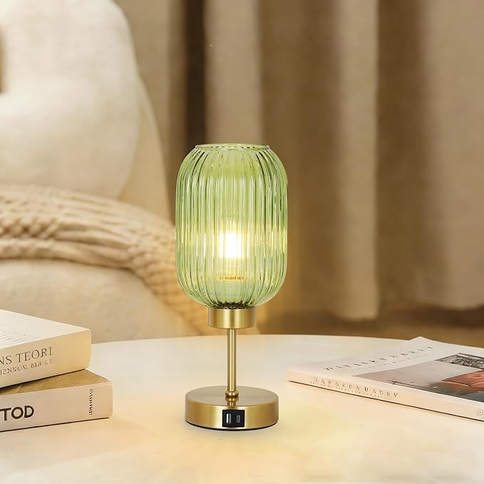 LAMSU Vintage Table Lamp for Bedroom with Bulb, Small Green Glass Beside Lamp with USB Ports, 3 Way Dimmable Gold Desk Lamp, Mid Century Modern Nightstand Lamp for Living Room, Office, Home Decor