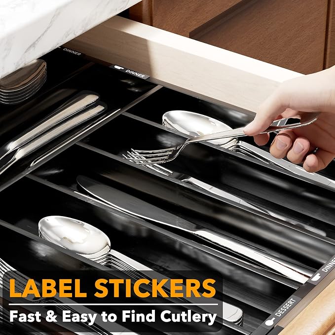SpaceAid Bamboo Silverware Drawer Organizer with Labels, Kitchen Utensil Expandable Tray Holder Organizer for Flatware, Cutlery, Spoon and Knives Drawer Storage Organization (Black, 10 Slots)