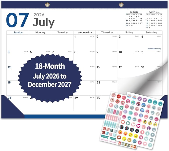 Desk Calendar 2026-2027 - Ougesi 18 Month Desk Top Calendar July 2026 - Dec 2027,17x12 Academic Desk Calendar with Thick Paper, Large Blocks, Stickers for Home & Office Navy