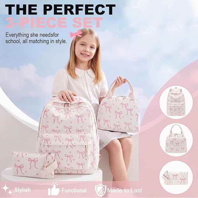 LEDAOU Kids Backpack for Girls Backpacks with Lunch Box, Lightweight Bookbag Set Elementary Middle School Back pack for 8-14
