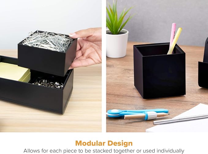Bostitch Office Konnect Desk Organizer Accessory Tray & Storage Cup Bundle, Stacks for Desktop Storage,Makeup Organization, Black