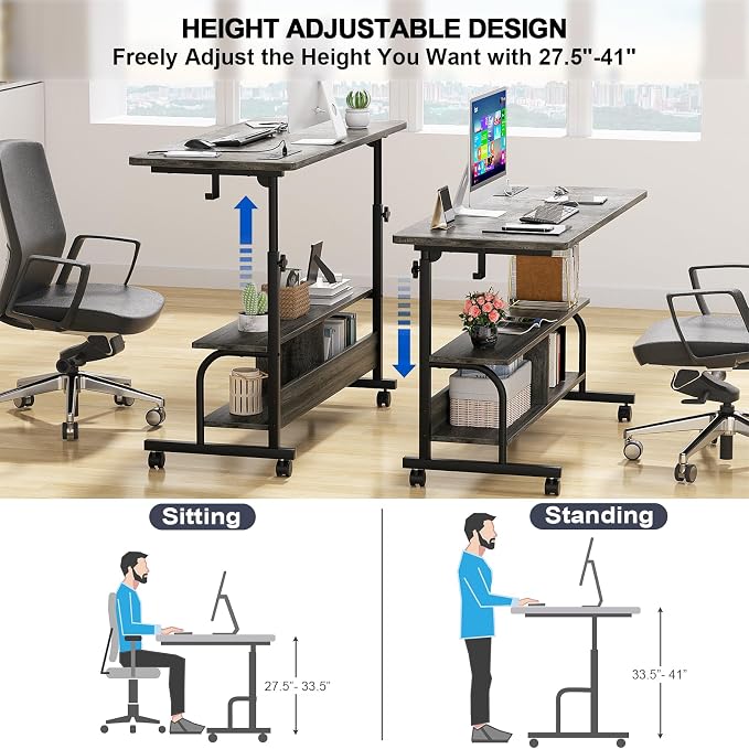 Armocity Rolling Standing Desk with Charging Station, Portable Height Adjustable Mobile Computer Desk with Wheels & 2-Tier Shelves & Hooks, Easy Assembly Laptop Table for Couch Bed, 47" Grey Oak