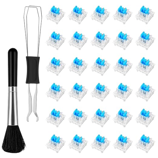Qianyu 30 Pcs Blue Mechanical Keyboard Switches with Switch Puller and Brush 3-Pin Clicky Key Switches Dustproof DIY Replacement Kit for Gaming Keyboards Typists Gamers