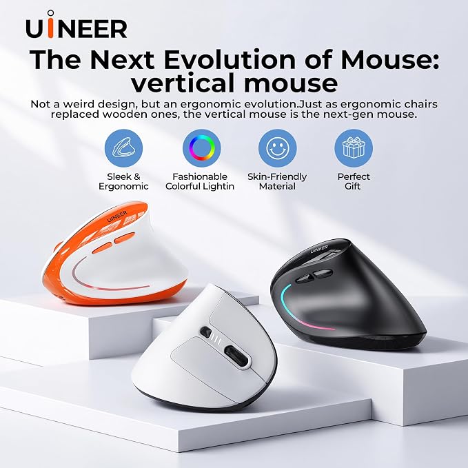 Uineer Ergonomic Wireless Vertical Mouse, Tri-Mode Bluetooth 5.0/4.0 and 2.4G USB, Rechargeable Silent Computer Mouse for Laptop, MacBook, iPad and PC, 4 DPI Levels, LED Light, 3-Device Switching