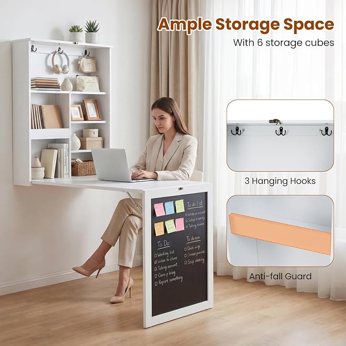 Giantex Foldable Wall Mounted Desk, Convertible Writing Desk with Storage Shelves, Hooks & Chalkboard, Space-Saving Fold-Up Table, Corner Floating Laptop Table for Small Spaces, Home Office, White