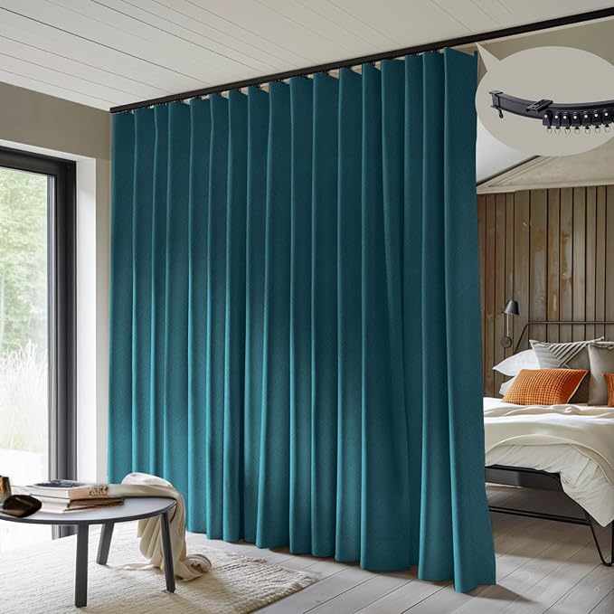 MaKefeile Room Divider Curtains with Flexible Ceiling Curtain Tracks Set,100% Blackout Floor to Ceiling Curtains Patio Sliding Door Curtains (Azure Blue Drape & Black Rail W 8.3 × H 9 FT)