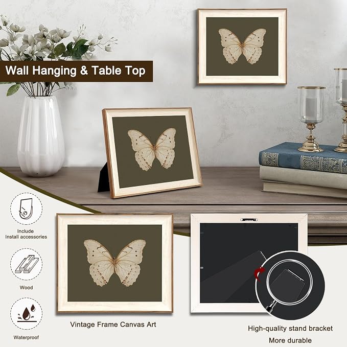 Uniro Vintage Framed Wall Art, Classical Butterfly Oil Paintings, Dark Moody Insect Canvas Prints Artwork with Antique Frame, Saige Green Wall Decor Pictures for Bedroom, Kitchen, Shelf, Bathroom Wall Decor, Cottagecore Room Decor - 10x12Inch