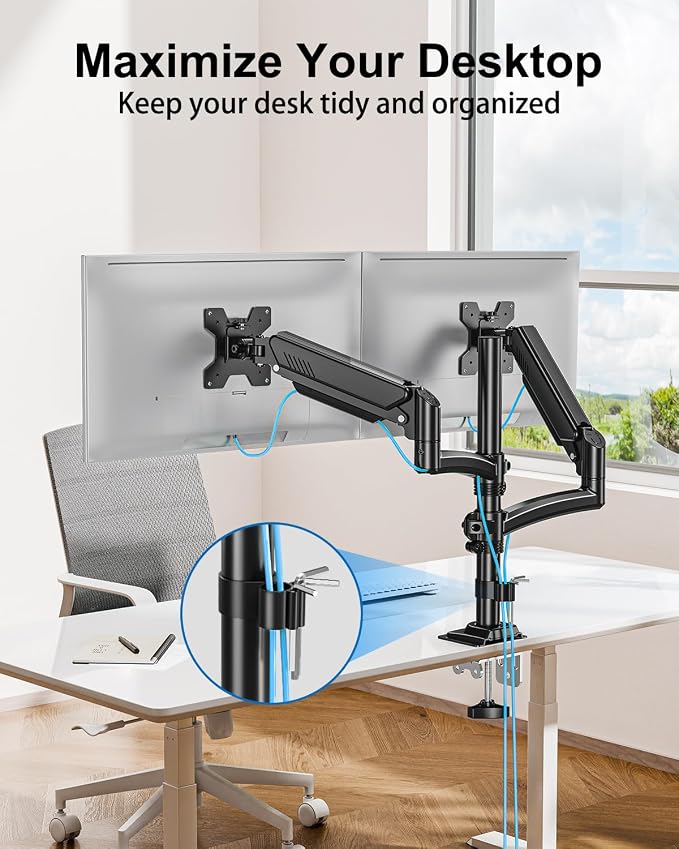 Dual Monitor Stand for Computer Screen up to 32", Taller Monitor Arms Holds 22 lbs Each, Dual Monitor Desk Mount, Height Adjustable Gas Spring VESA Mount with C-clamp Grommet Mounting, Black, Freelift