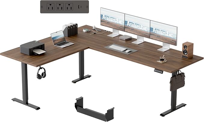 Agilestic Electric L Shaped Standing Desk 75 x 61 Inch with Power Outlet, Height Adjustable Corner Stand up Desk with Cable Management,Sit Stand Home Office Workstation with Splice Board, Dark Walnut