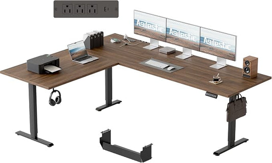 Agilestic Electric L Shaped Standing Desk 75 x 61 Inch with Power Outlet, Height Adjustable Corner Stand up Desk with Cable Management,Sit Stand Home Office Workstation with Splice Board, Dark Walnut