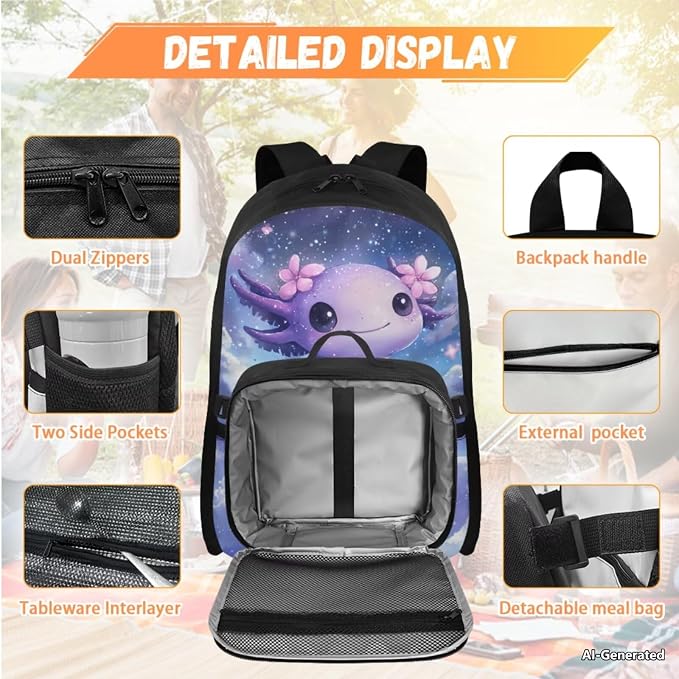 Doojoayie Axolotl Backpack Lunchbox Set for Girls 2025 Trendy Kids Bookbag School Backpack for Girls 8-10 10-12 Lightweight Back Pack for Kids 2nd Grade School Bag
