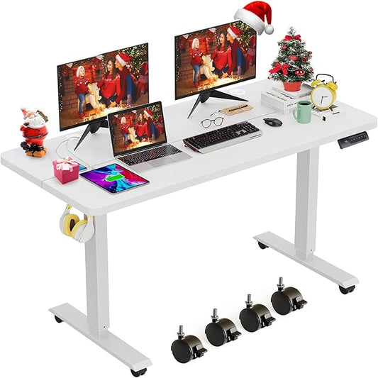 farexon Electric Standing Desk Adjustable Height, 48x24 Inches Stand Up Desk with 4 Preset Heights, Lockable Casters, Double Hooks,27''-46'' Lifting Range Home Office Computer Desk（White）