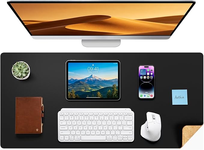 Aothia Dual-Sided Desk Pad - 37.8x17 inches Leather Desk Mat, Natural Cork Desk Pad Protector, Large Mouse Pad for Desk, Waterproof Desk Blotter Pad, Desk Writing Pad for Office Work/Home, Black