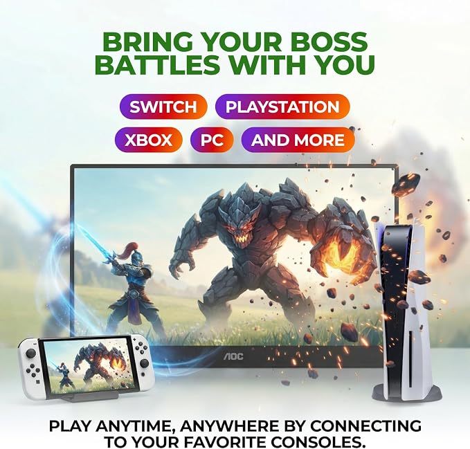 AOC 16T30 Portable Monitor 15.6" FHD 1080p IPS Display, USB-C, Mini HDMI, Built in Speaker, Kickstand, Travel Monitor, Compatible with Laptops, MacBook and Gaming Console
