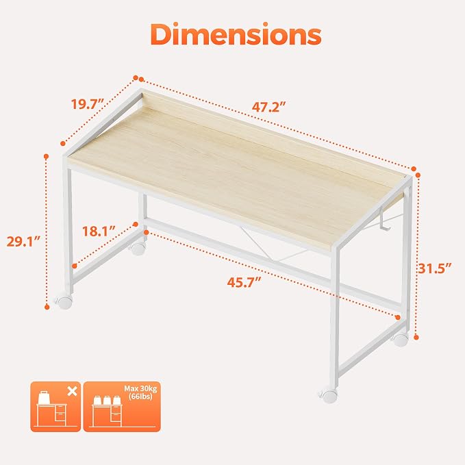 Mericonia 48 inch Rolling Computer Desk with Wheels, Gaming Desk for Small Spaces, Modern Simple Style Table for Home Office, Study Writing Table