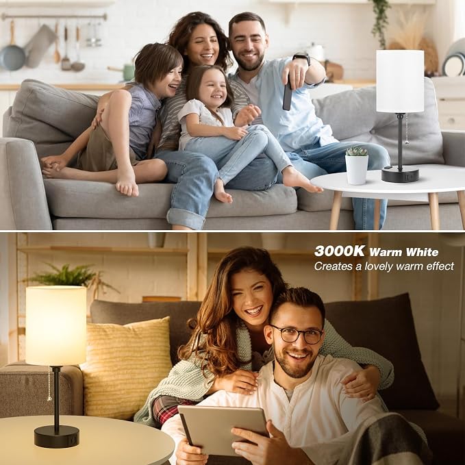 Small Bedside Table lamp for Bedroom - 3 Color Temperatures Bedside Lamps with USB C and A Ports, Pull Chain Table Lamps with AC Outlet, White Nightstand Lamps with Black Metal Base for Kids Reading