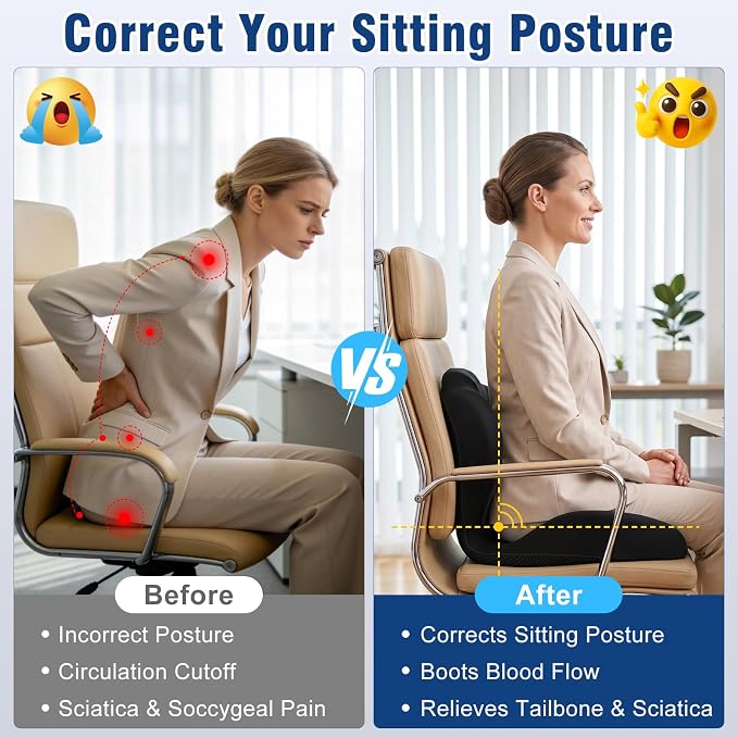 Car Seat Cushion with Lumbar Support Pillow, Memory Foam Office Chair Cushion for Back Pain Sciatica Pain Relief, Ergonomic L-Shaped Seat Cushion for Car Truck Driving Office Chair Home