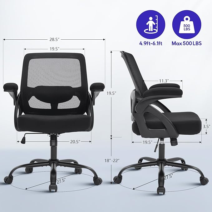 Big and Tall Office Chair 500BLS for Heavy People Mesh Wide Office Chair Heavy Duty Office Chairs with Flip-up Armrests Computer Desk Chair Black
