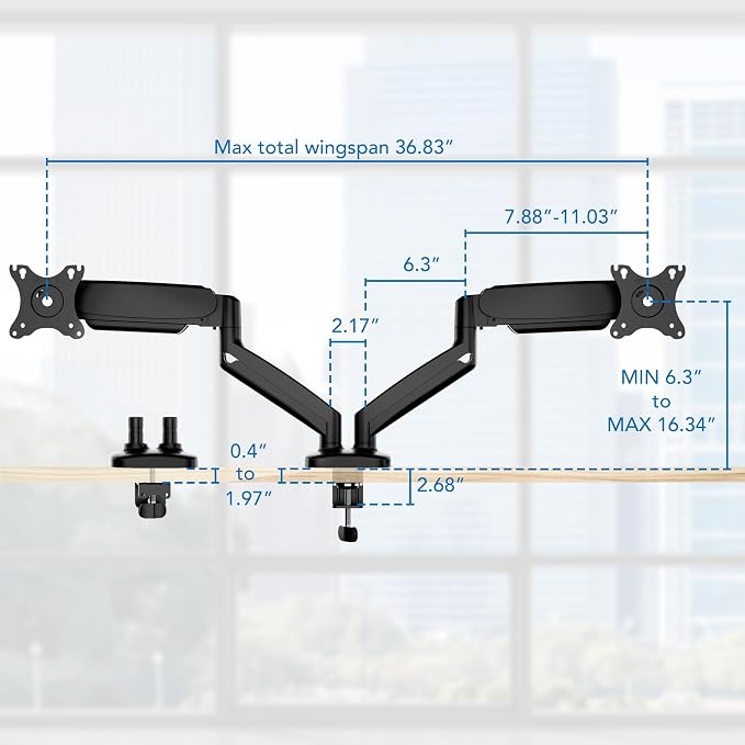 Mount-It! Dual Monitor Desk Mount, Two Independent Gas Spring Arms, Fits 13-32" Screens up to 17.6 lbs Each, VESA 75x75 & 100x100, Full Motion Tilt Swivel Rotate, C-Clamp & Grommet Base