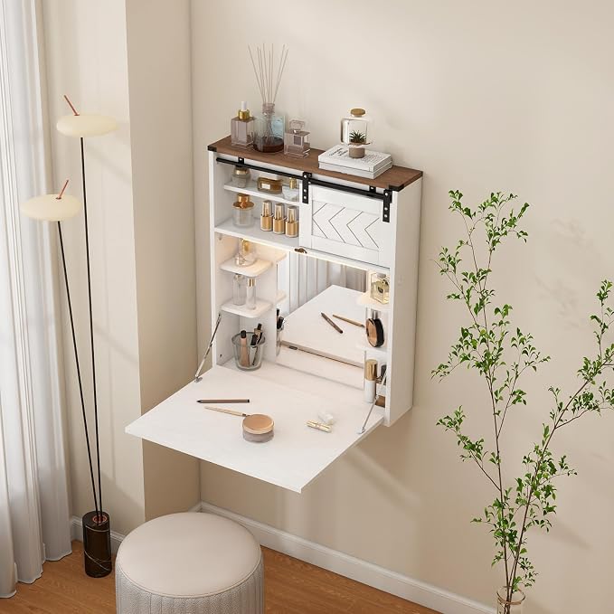 ARTETHYS Floating Vanity with Mirror & Lights White Wall Mounted Makeup Set | 3 Color Adjustable Magnetic Lights, Storage Shelves, Fold Down Desk, Farmhouse Dressing Table for Tiny Space